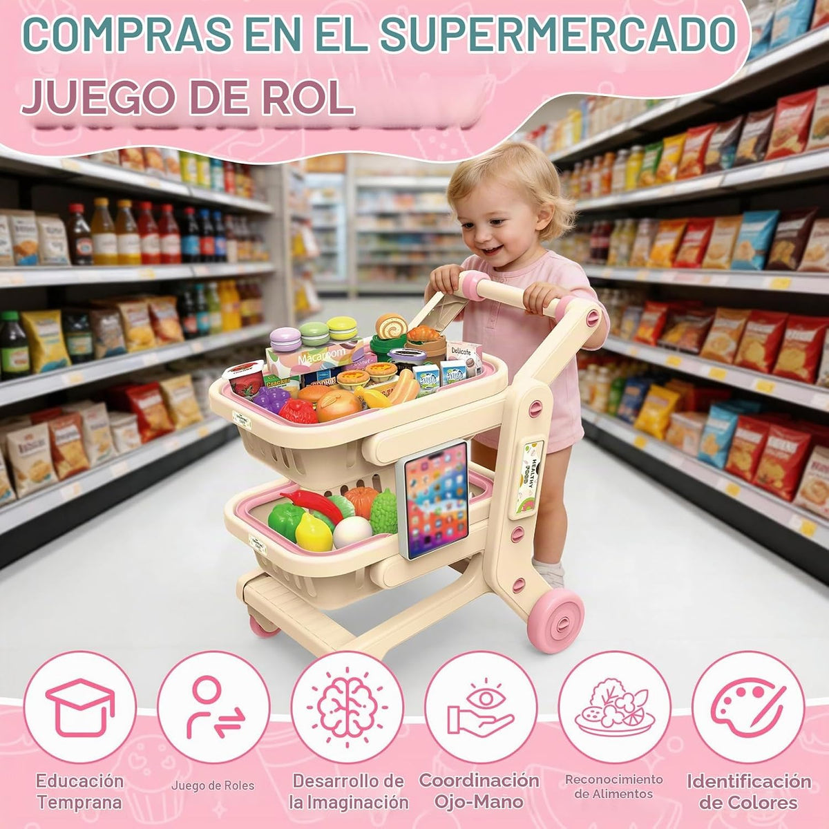 deAO Carro de compras para niños Carro de compras juguete de juego con 2
