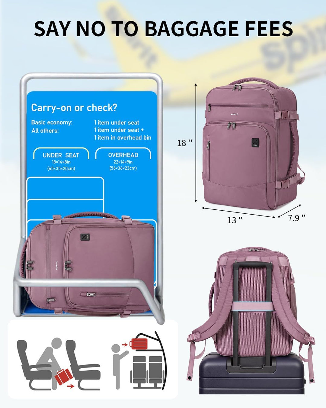 ECOHUB Mochila de Viaje Mochila de Transporte, Rosado-2, Mochilas d...