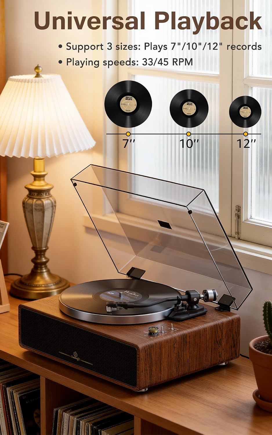 Seasonlife® Tocadiscos todo en uno con 4 altavoces y Bluetooth, marrón