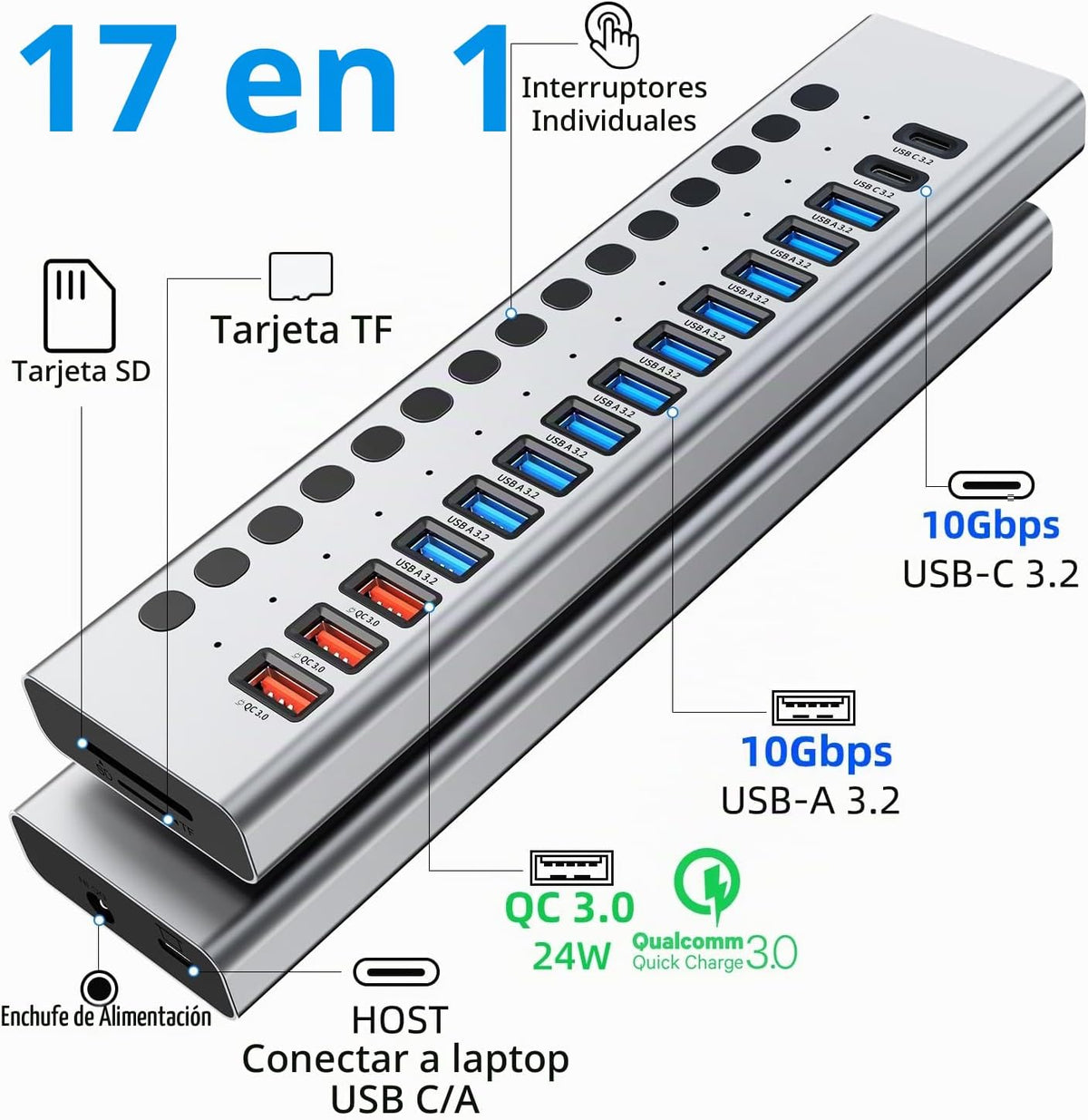 VANGREE, MK1-1200800C8, hub USB 3.2 de 17 puertos, alimentado, adaptador 12V/8A
