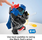 Fisher-Price Imaginext DC Super Friends, Batman Flight Mech con luces, sonidos, movimiento y figura de acción de 3 pulgadas, juguete de 14.5 pulgadas incluye lanzador y discos