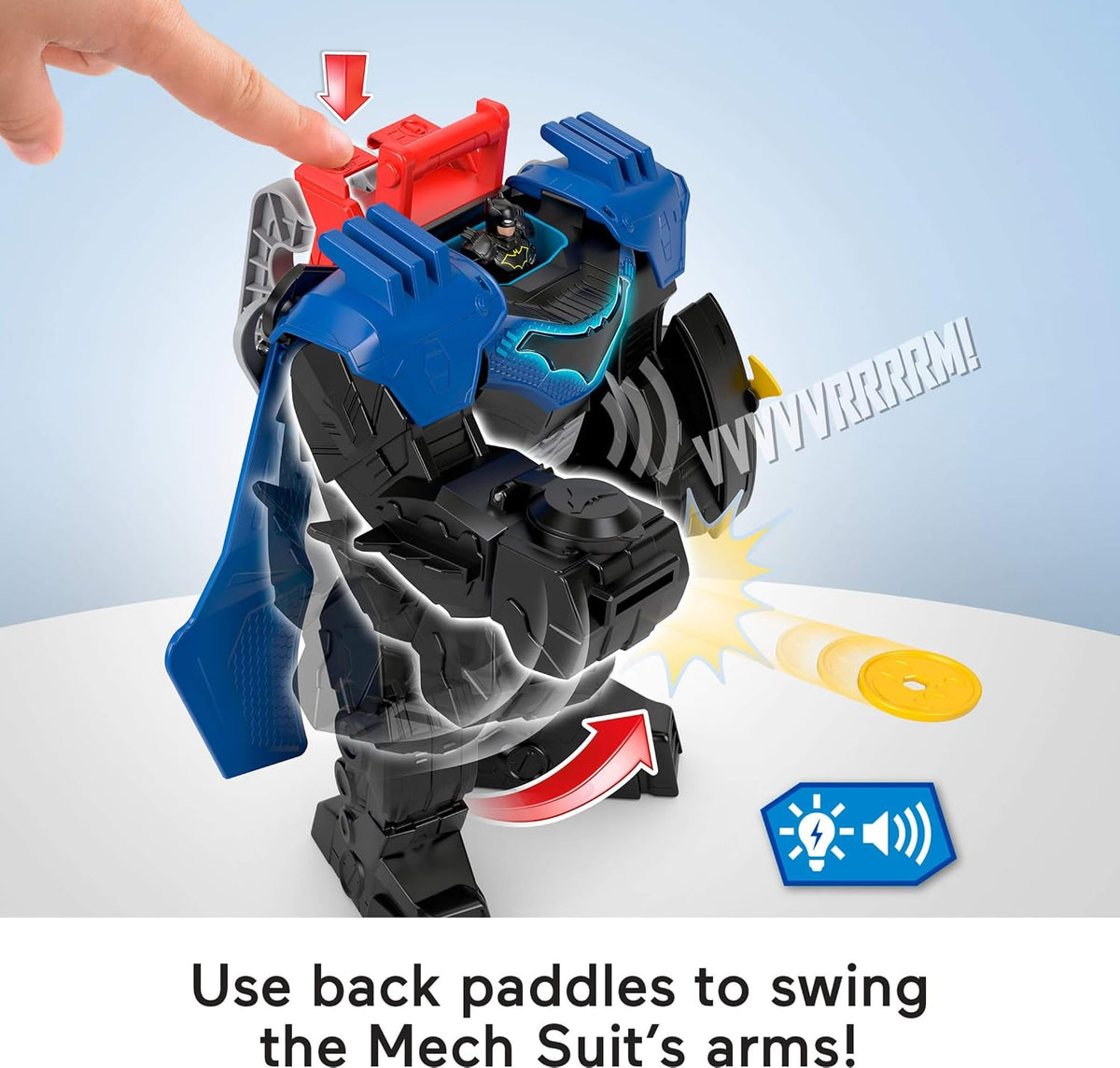 Fisher-Price Imaginext DC Super Friends, Batman Flight Mech con luces, sonidos, movimiento y figura de acción de 3 pulgadas, juguete de 14.5 pulgadas incluye lanzador y discos
