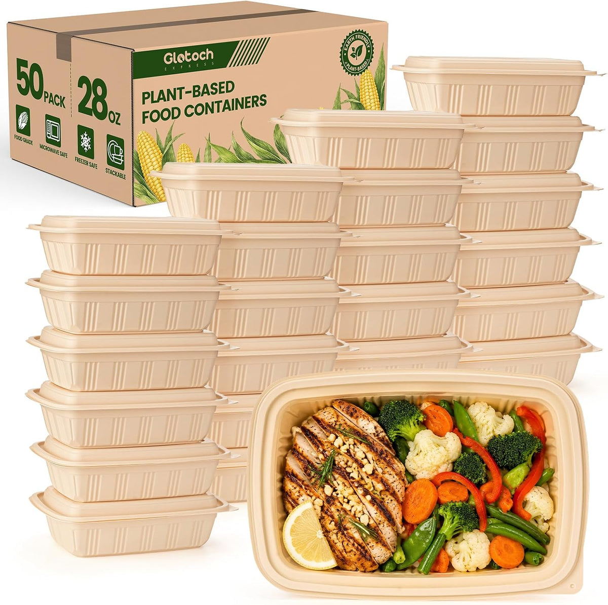 100 unidades (paquete de 50) recipientes de preparación de comidas con tapas, recipientes de almacenamiento de alimentos de almidón de maíz de 28 onzas, lonchera a base de plantas para ensalada, recipientes de plástico sin BPA para llevar microondas y