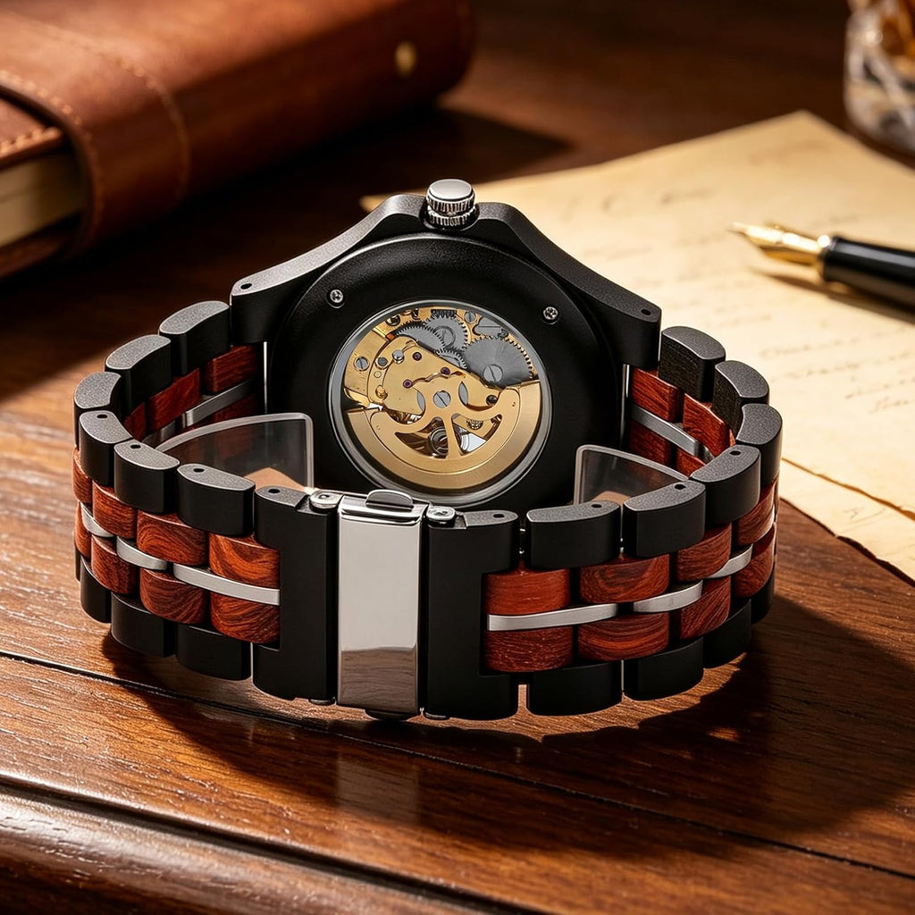 Reloj mecánico de madera para hombre Tiong, reloj automático esqueleto con caja de regalo