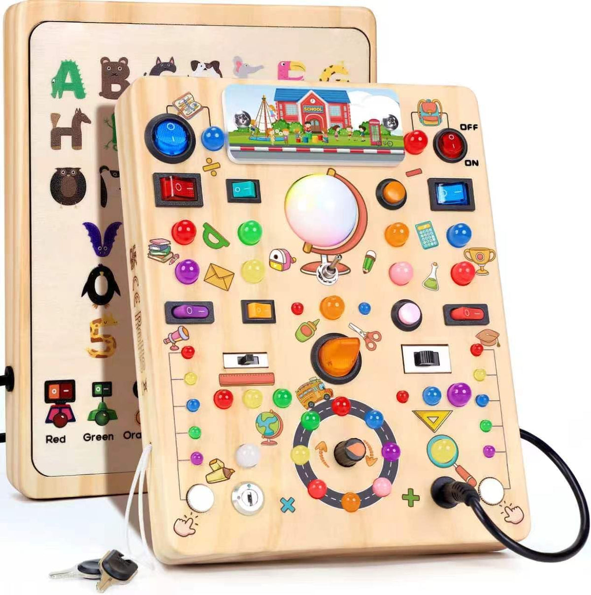 Tablero de actividades con interruptores de luz LED, juguetes Montessori para niños de 1, 2, 3 años, tablero de actividades sensoriales de madera para niños pequeños, juguetes de viaje para niños y