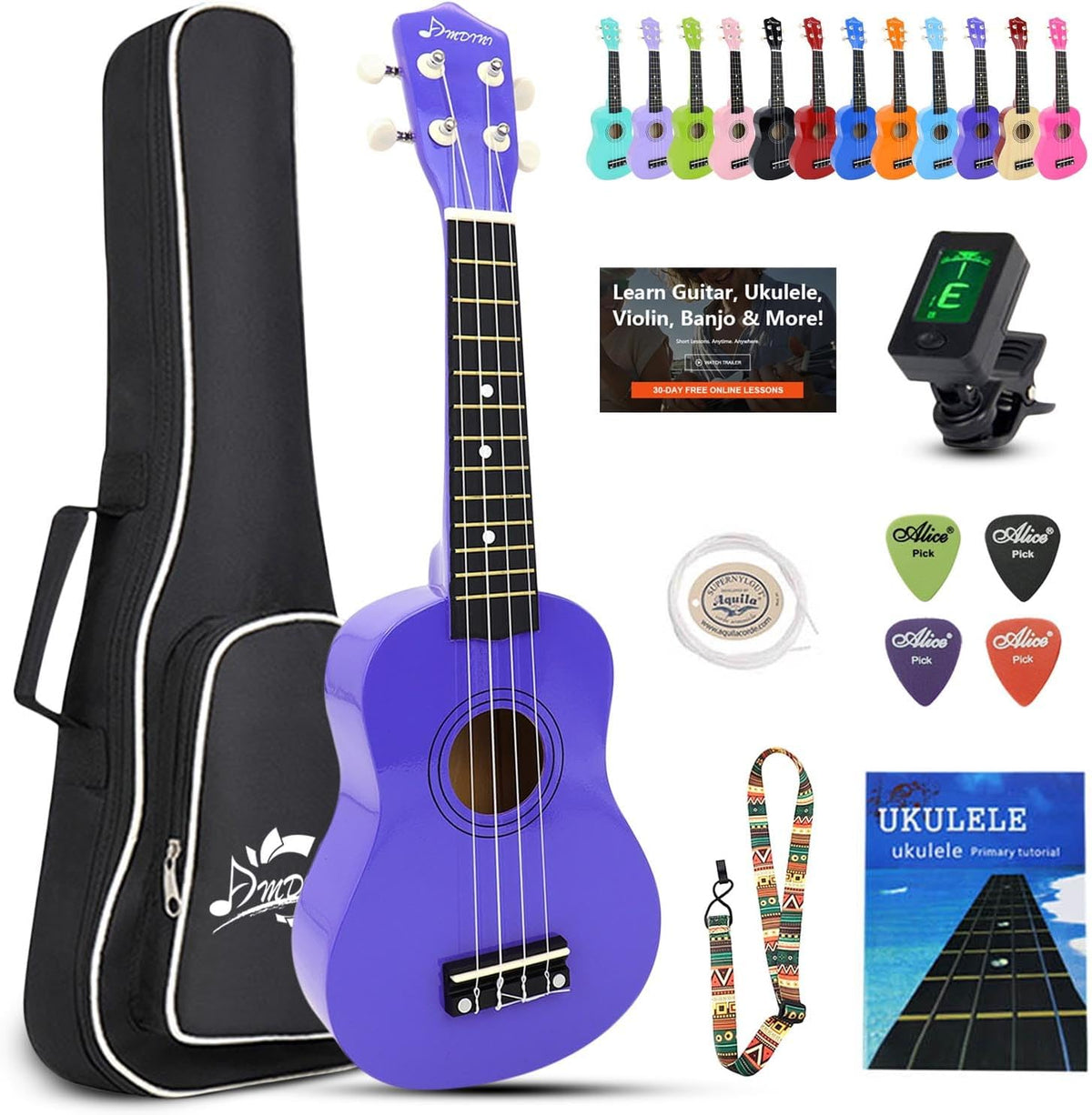 Kit de Ukelele Soprano de 21 Pulgadas para Principiantes de Madera de Tilo para Niños, Adultos y Estudiantes - Mini Guitarra Ukalelee, Paquete con Libro, Bolsa de Concierto, Sintonizador