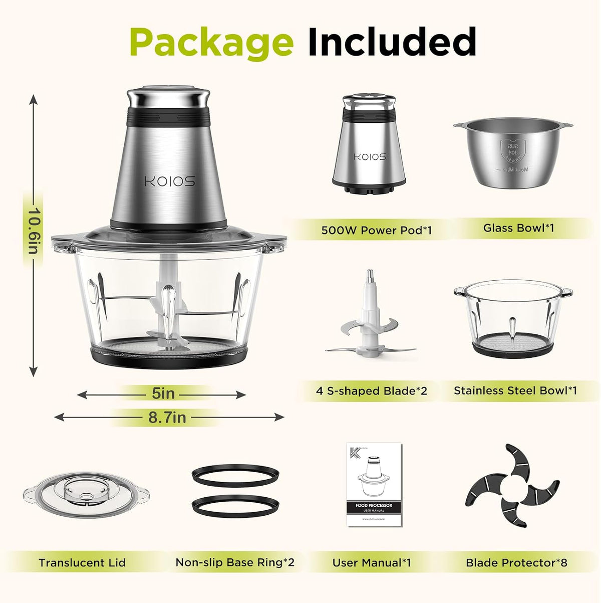 KOIOS Procesador de alimentos, picador eléctrico de alimentos de 500 W con 2 cuencos (8 tazas + 8 tazas) y 2 cuchillas de dos niveles, molinillo eléctrico pequeño procesador de carne para nueces