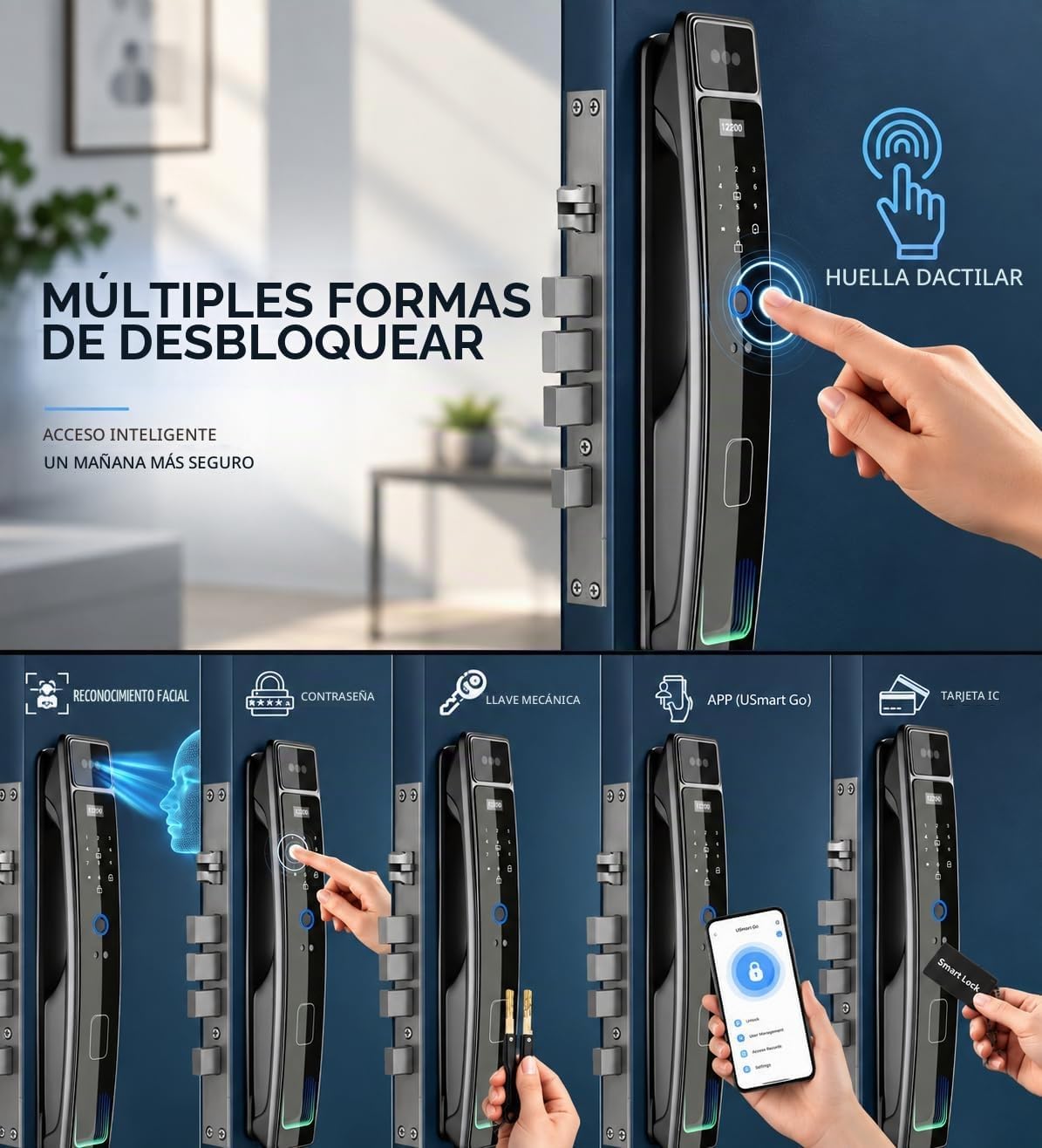 Cerradura de puerta inteligente con cámara y reconocimiento facial 3D, cerradura de puerta de entrada sin llave con huella digital, contraseña, tarjeta IC, control de aplicación y timbre, cerradura de embutir segura para puerta delantera (aplicación