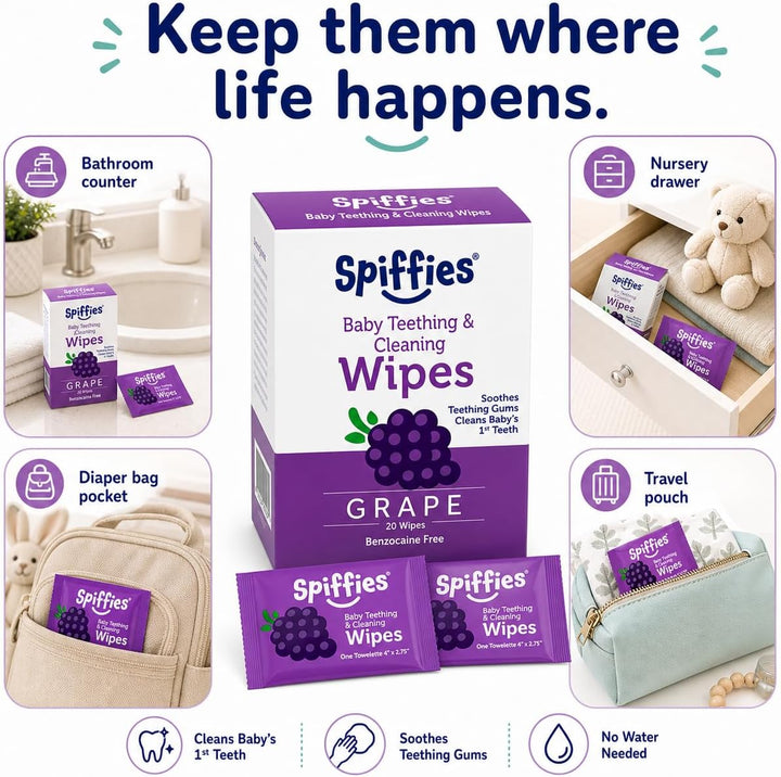 Spiffies Toallitas para dientes de bebé, sabor a uva, limpiador de...