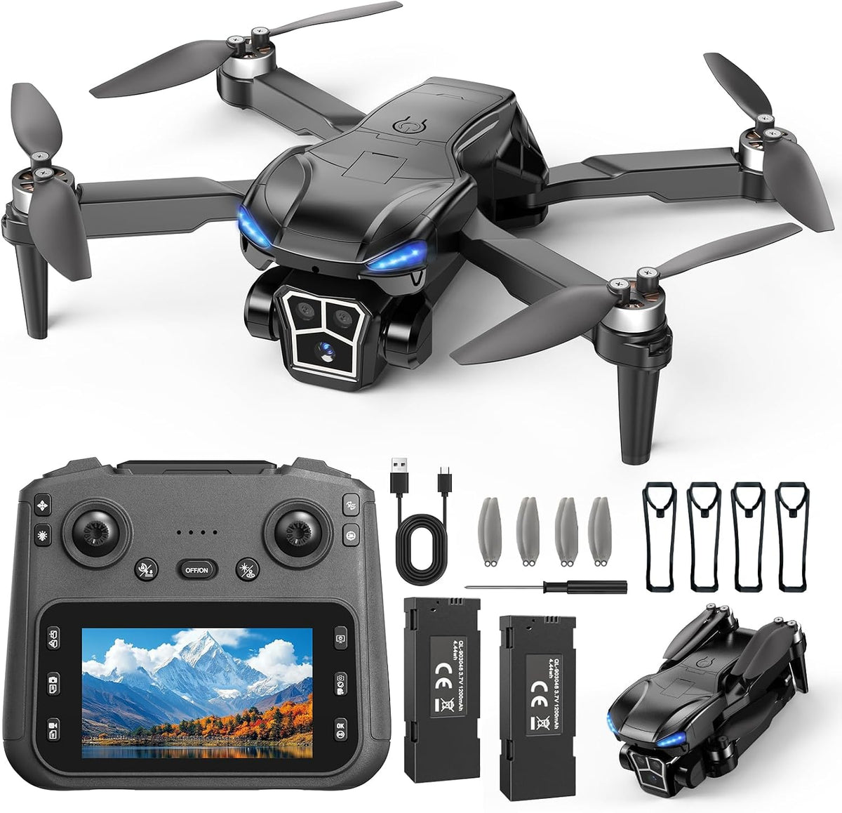 Drone con cámara 2K - Controlador de pantalla HD de 4.3 pulgadas para principiantes, motor sin escobillas, giro de 360°, despegue/aterrizaje con una tecla, retorno de una tecla, 2 baterías, tiempo de