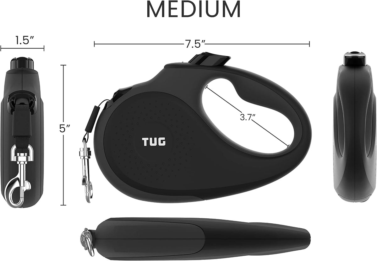 TUG - Correa retráctil 360º para perros, libre de enredos, mango antideslizante, nailon resistente de 16 pies, freno de una sola mano, pausa y bloqueo (mediano, negro/gris)