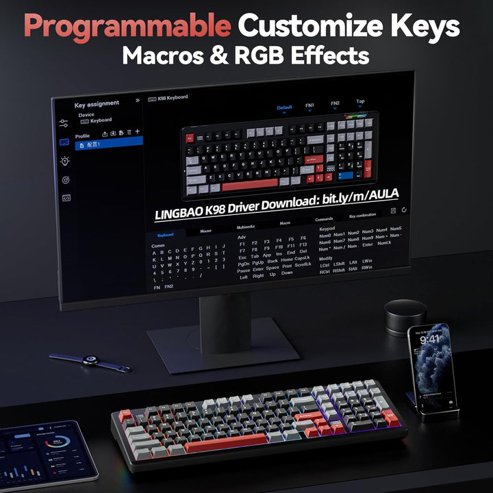 Teclado mecánico inalámbrico LINGBAO K98 para juegos, modo tri BT5....