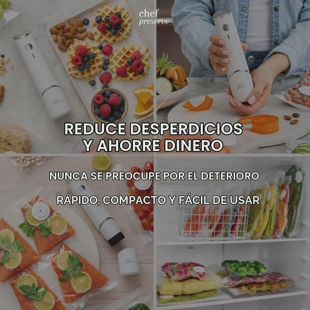 Chef Preserve Sellador al Vacío Compacto para Alimentos (Máquina Selladora al Vacío + 30 Bolsas al Vacío Reutilizables) Potente Máquina Selladora al Vacío Portátil, Sellador de Comida Portátil