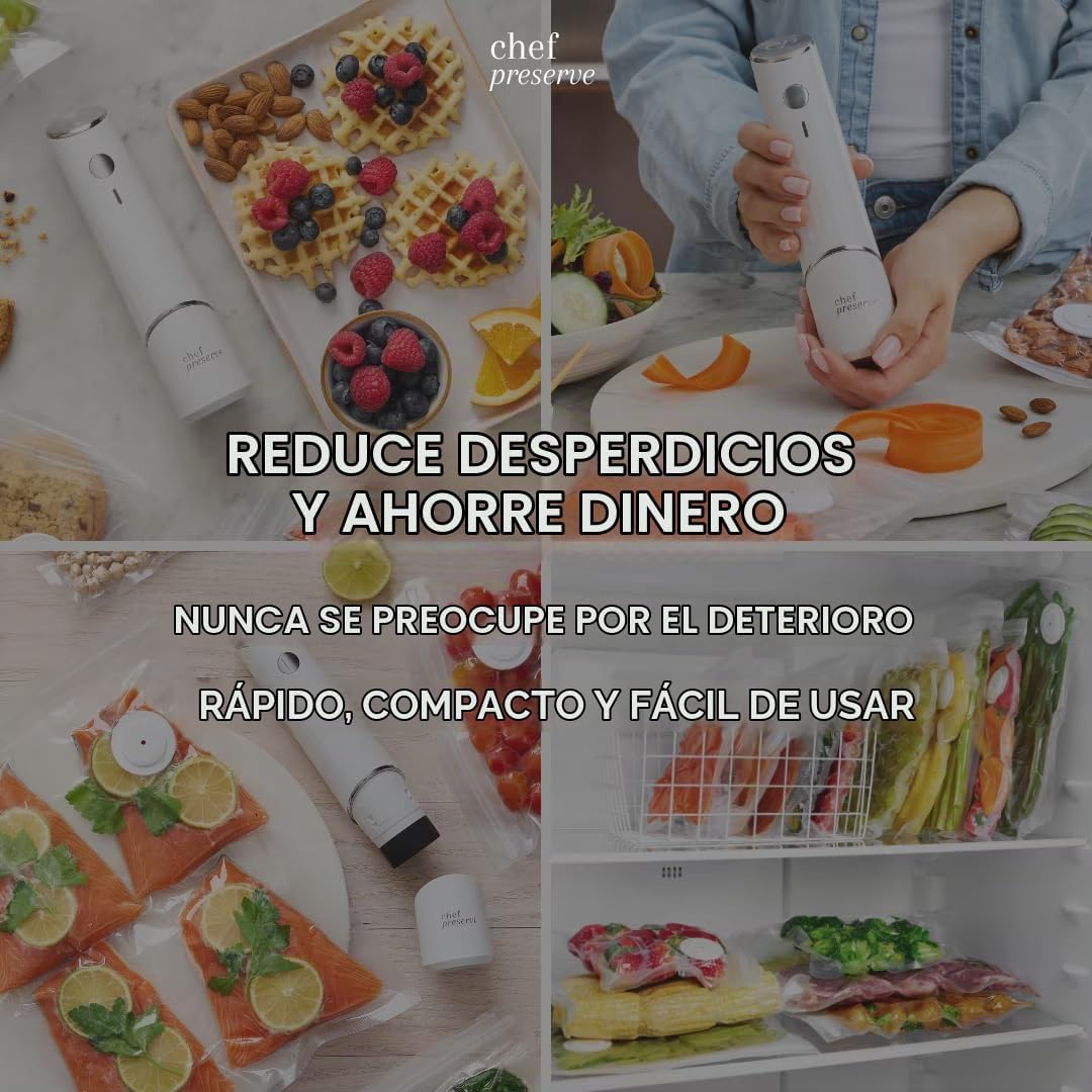 Chef Preserve Sellador al Vacío Compacto para Alimentos (Máquina Selladora al Vacío + 30 Bolsas al Vacío Reutilizables) Potente Máquina Selladora al Vacío Portátil, Sellador de Comida Portátil