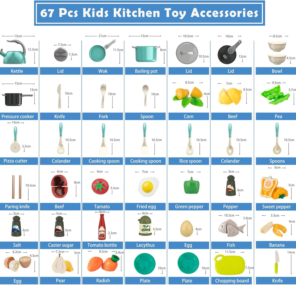 Juego de 67 piezas de juguetes de cocina para niños, accesorios de cocina con ollas, sartenes, utensilios de cocina, alimentos, verduras enlatadas, regalo de aprendizaje para niños y niñas