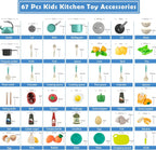 Juego de 67 piezas de juguetes de cocina para niños, accesorios de cocina con ollas, sartenes, utensilios de cocina, alimentos, verduras enlatadas, regalo de aprendizaje para niños y niñas