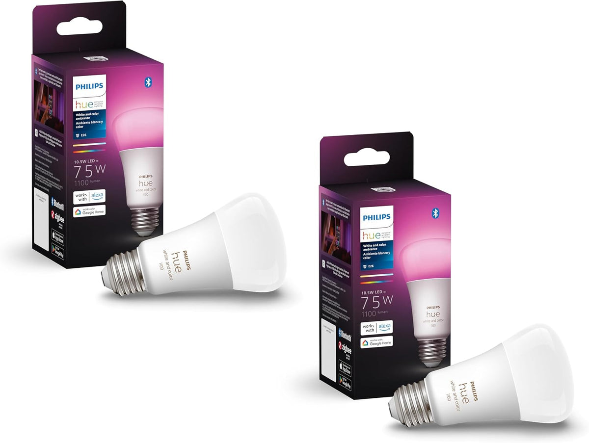 Philips Hue Bombilla LED inteligente A19 de 75 W, luz blanca y de color que cambia de color, paquete de 2, 1100 lúmenes, E26, interior, control con aplicación Hue, compatible con Alexa, Google