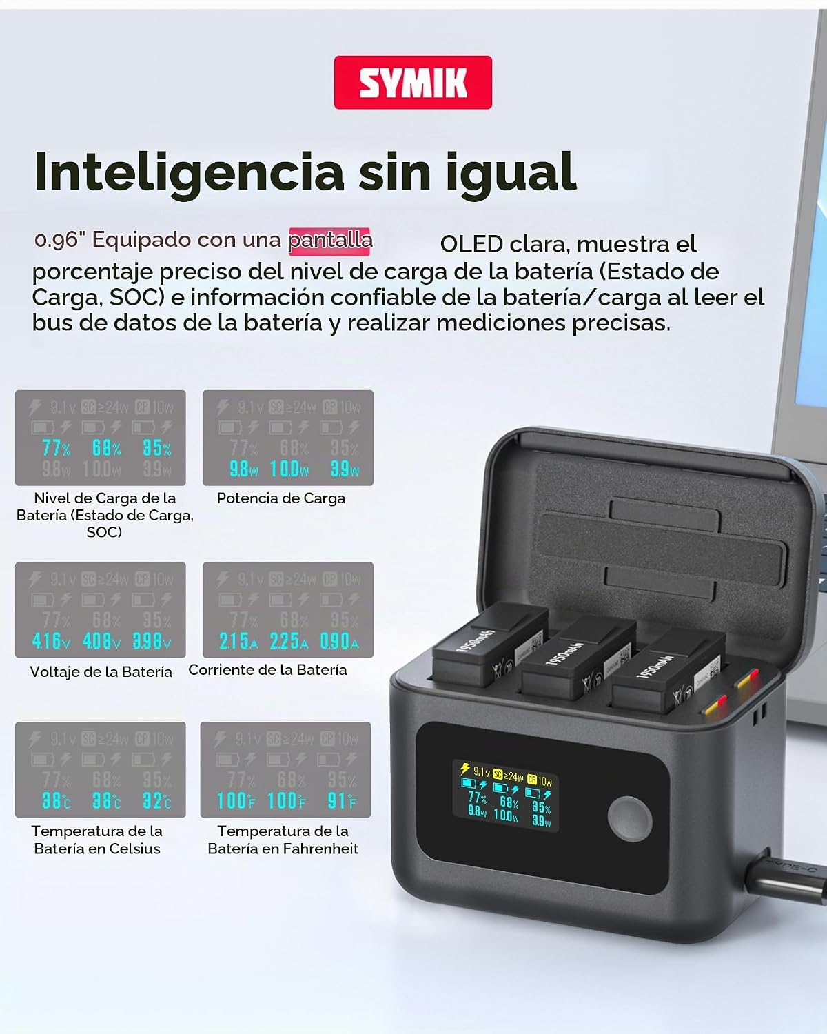 YDW Cargador de batería inteligente para DJI OSMO 360 y Action 6/5 Pro/4/3,24 W concentrador de carga bidireccional inteligente rápido con pantalla LCD, muestra batería SOC, solo cargador (cargador de