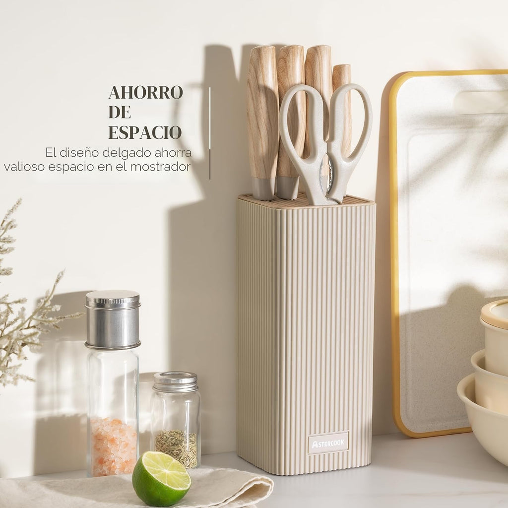 Astercook Juego de cuchillos de cocina de 6 piezas con bloque, cuchillos de cocina ultra afilados de acero inoxidable de alto carbono, mango de grano de madera, juego de bloque de cuchillos aptos para