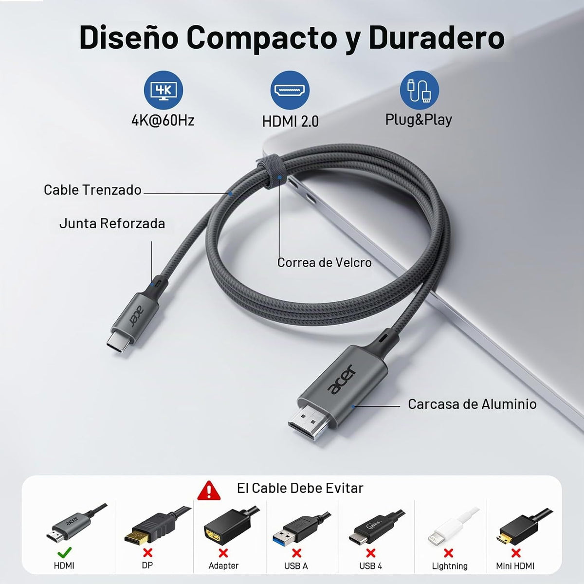 Acer Cable USB C a HDMI para oficina en casa de 10 pies (4K a 60 Hz) para
