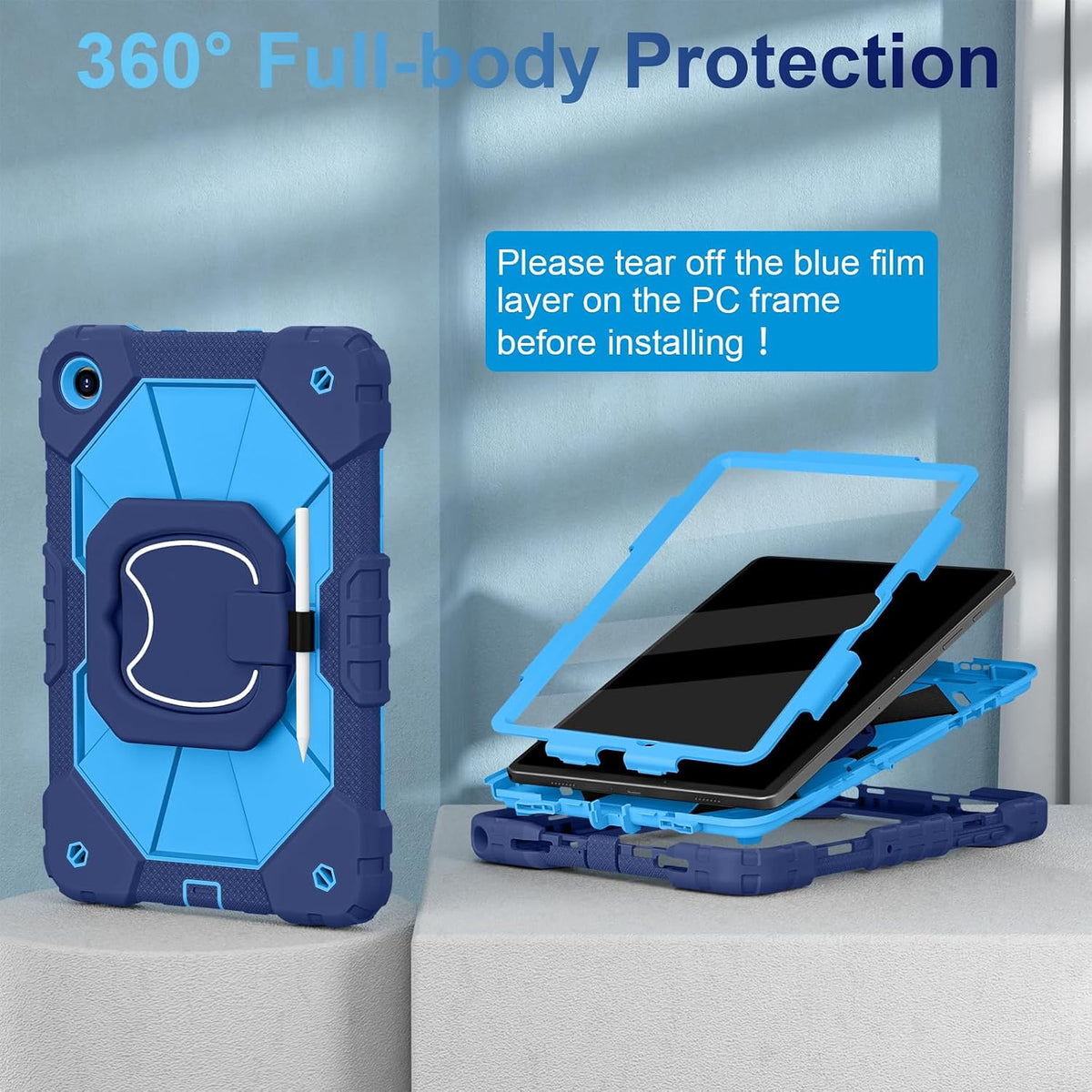 WESOROL Funda para Galaxy Tab A11 Plus/A9 Plus de 11 pulgadas, a prueba de golpes para tableta Samsung A11+/A9+ con protector de pantalla con soporte giratorio de 360 grados, correa para el hombro, azul marino
