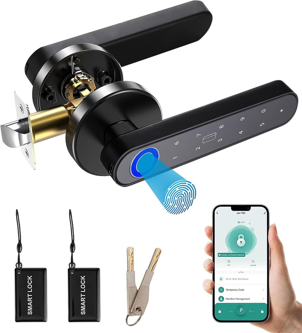 Cerradura de puerta inteligente con huella digital con mango de teclado: soporta múltiples métodos de entrada sin llave, incluyendo biometría, aplicación, contraseña, llave y tarjeta, adecuado para
