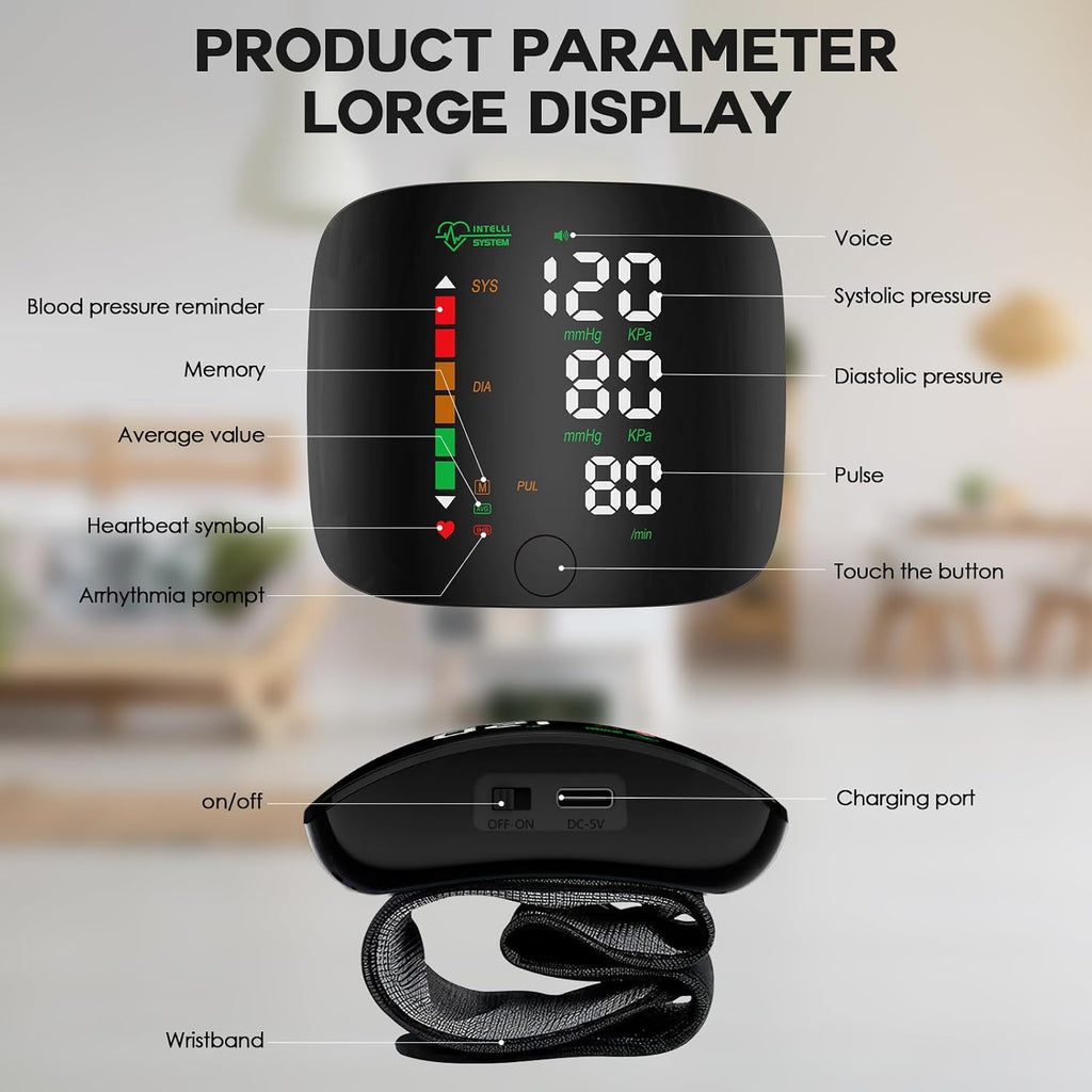 Double love Monitor de Presión Arterial de Muñeca con Pantalla LED, Pantalla Táctil, Brazalete de Presión Arterial de Muñeca 99x2 Memoria de Lectura Monitor de Presión Arterial de Muñeca con Estuche