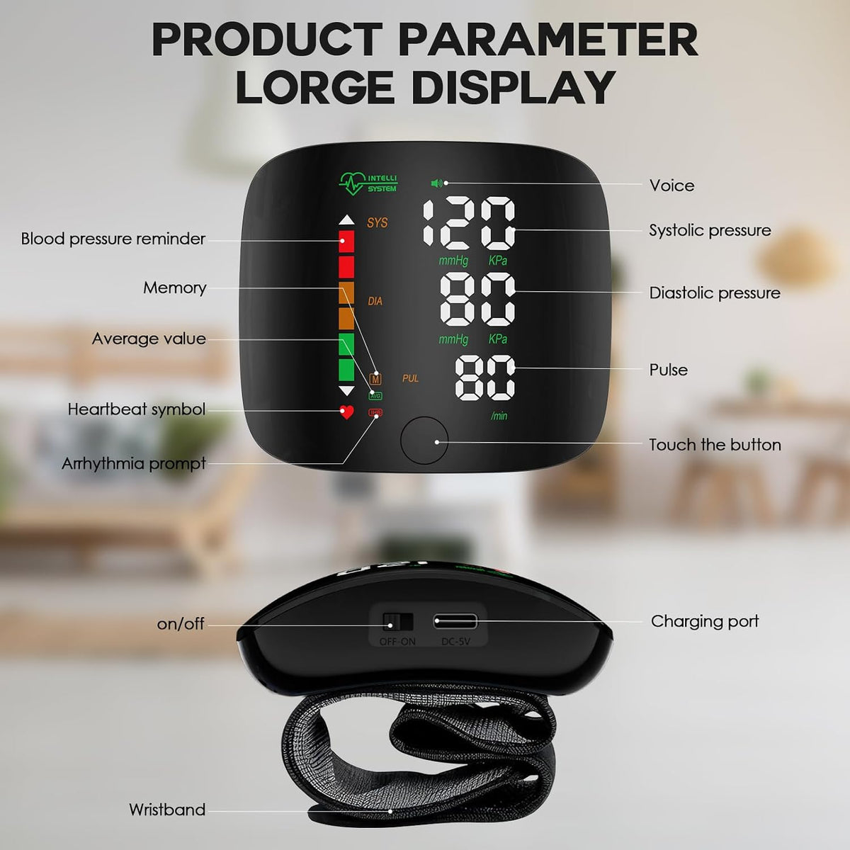 Double love Monitor de Presión Arterial de Muñeca con Pantalla LED, Pantalla Táctil, Brazalete de Presión Arterial de Muñeca 99x2 Memoria de Lectura Monitor de Presión Arterial de Muñeca con Estuche