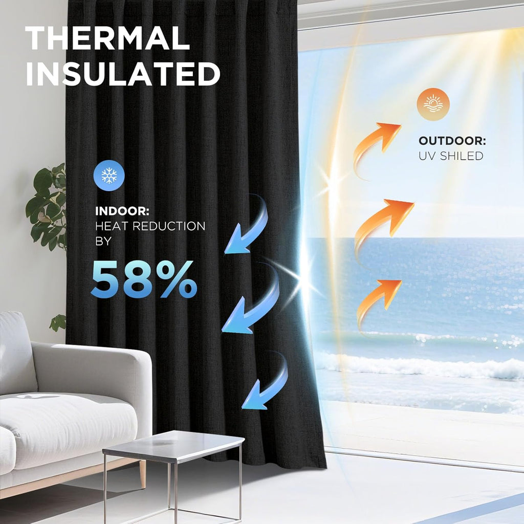 Joydeco - Cortinas 100 % opacas para dormitorio, cortinas de lino natural, cortinas de bloqueo de luz con aislamiento térmico, bolsillo para barra y pestaña trasera, oscurecimiento de privacidad