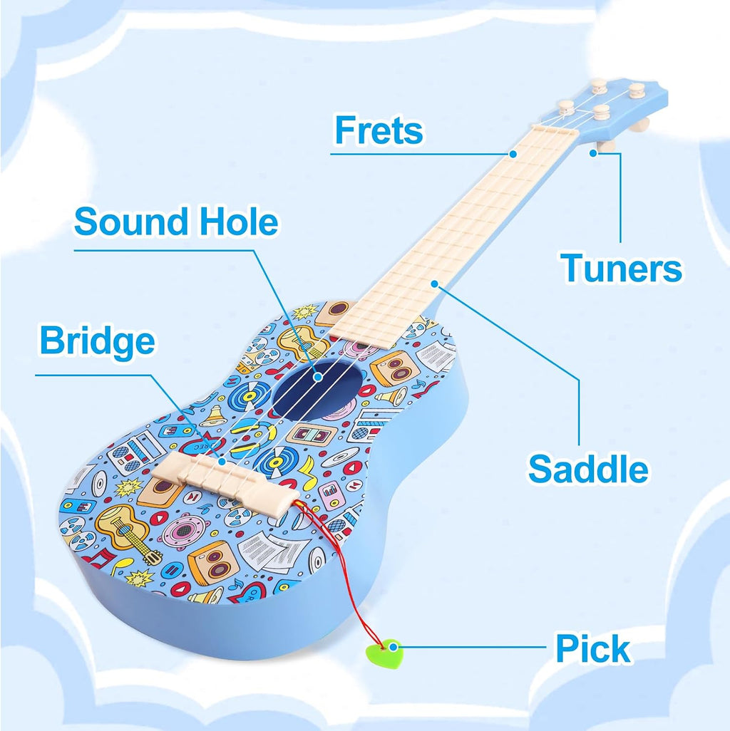 Guitarra ukelele de 21 pulgadas para niños, guitarra de juguete de grafiti con púas, color azul