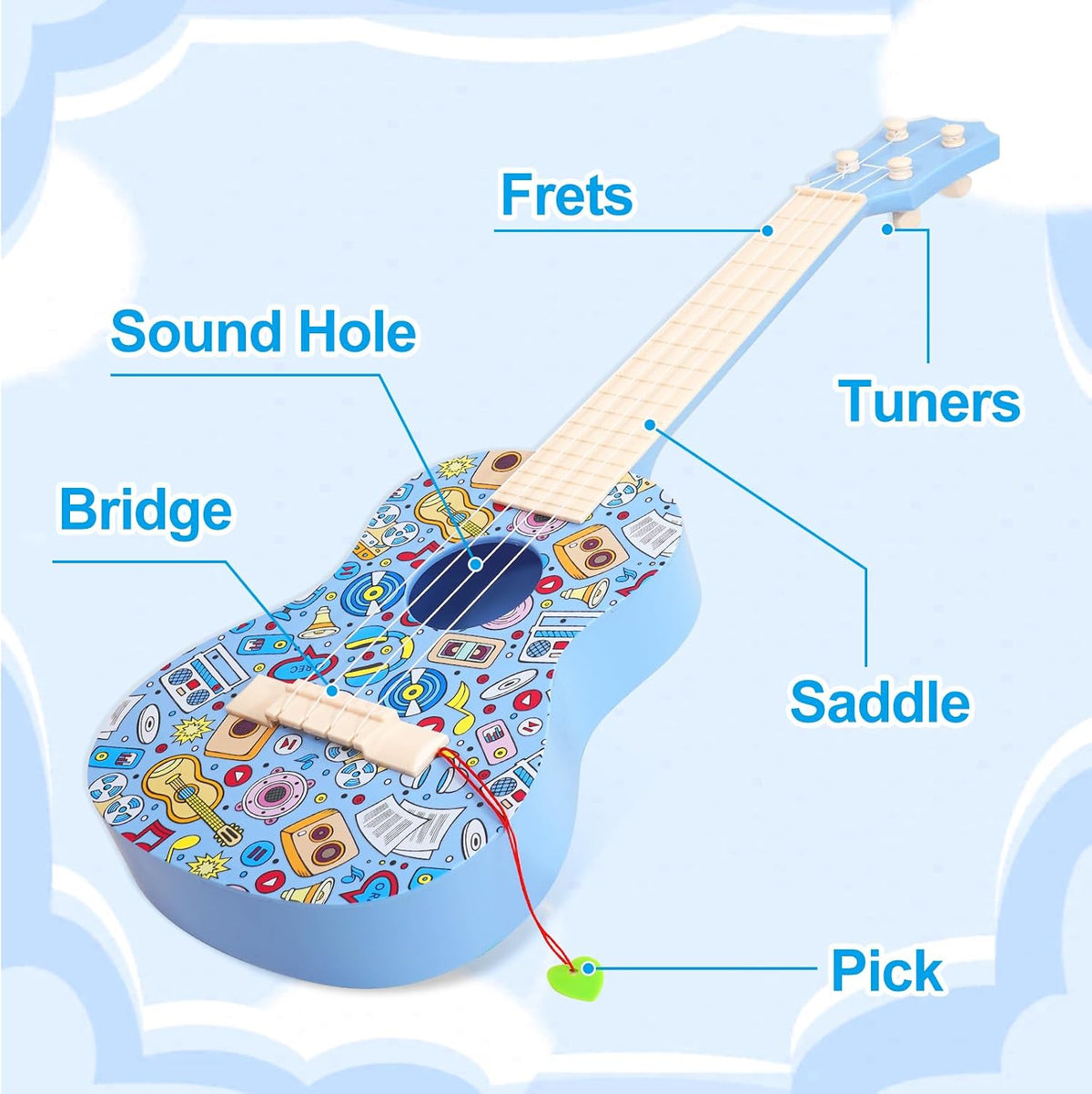 Guitarra ukelele de 21 pulgadas para niños, guitarra de juguete de grafiti con púas, color azul