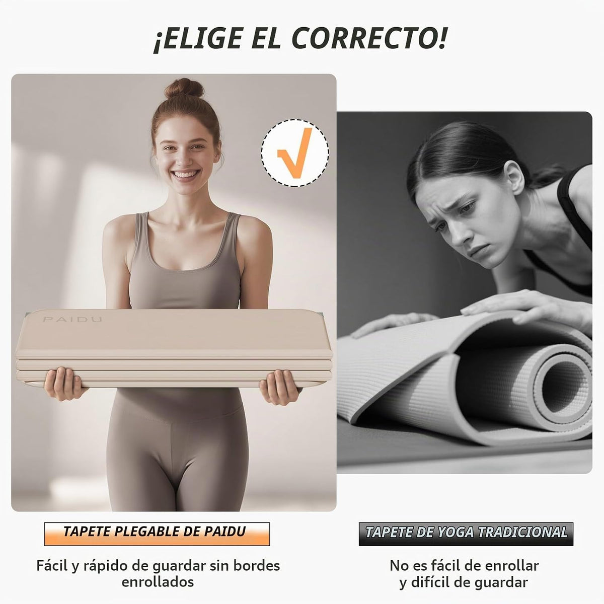 PAIDU Esterilla de yoga plegable para fitness, extra gruesa de 2/5 pulgadas (0.394 in) | TPE antideslizante certificado SGS | 75 x 26 pulgadas extra larga | portátil y fácil de almacenar | para yoga