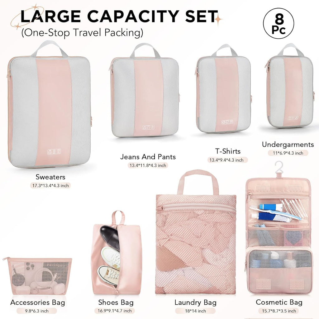 OlarHike Juego de 8 cubos de compresión para regalos de viaje, mamá, mujeres, artículos esenciales de viaje en avión, automóvil, crucero, bolsas compresibles expandibles para ahorrar espacio, bolsas