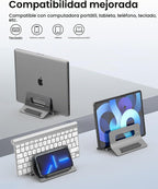 Soporte vertical para laptop para escritorio, soporte para MacBook con bloqueo automático por gravedad, soporte vertical de aluminio para laptop compatible con MacBook Pro, Air, tableta, ahorro de espacio, organiza el trabajo y la oficina en casa, gris