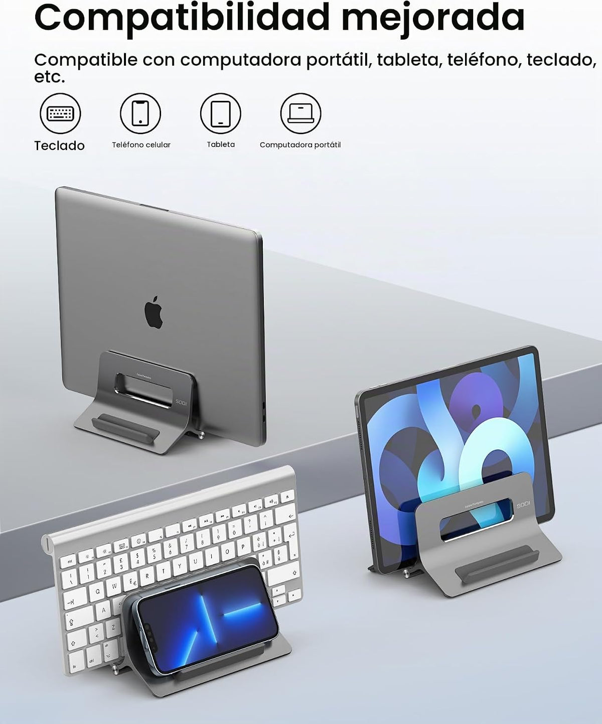 Soporte vertical para laptop para escritorio, soporte para MacBook con bloqueo automático por gravedad, soporte vertical de aluminio para laptop compatible con MacBook Pro, Air, tableta, ahorro de espacio, organiza el trabajo y la oficina en casa, gris