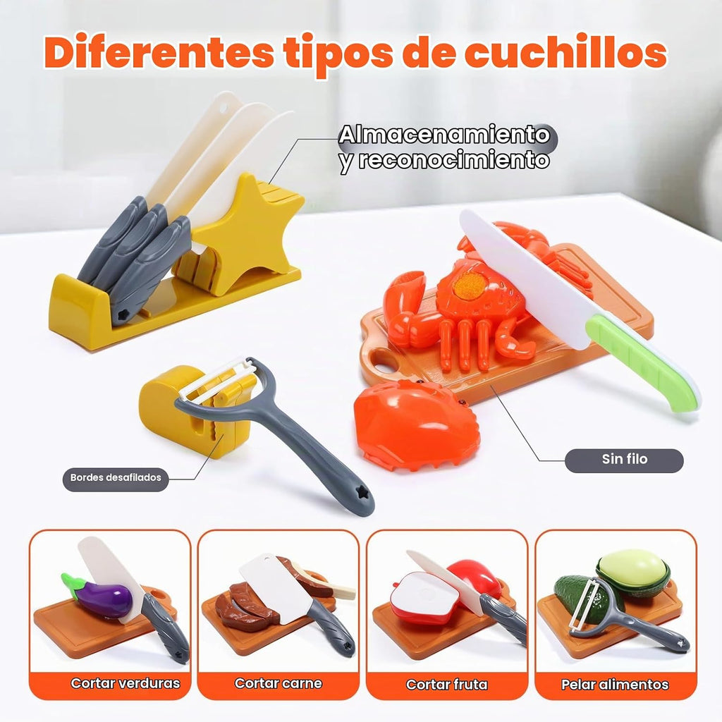 HOLYFUN 74PCS Accesorios de cocina para niños con comida de juego y cesta