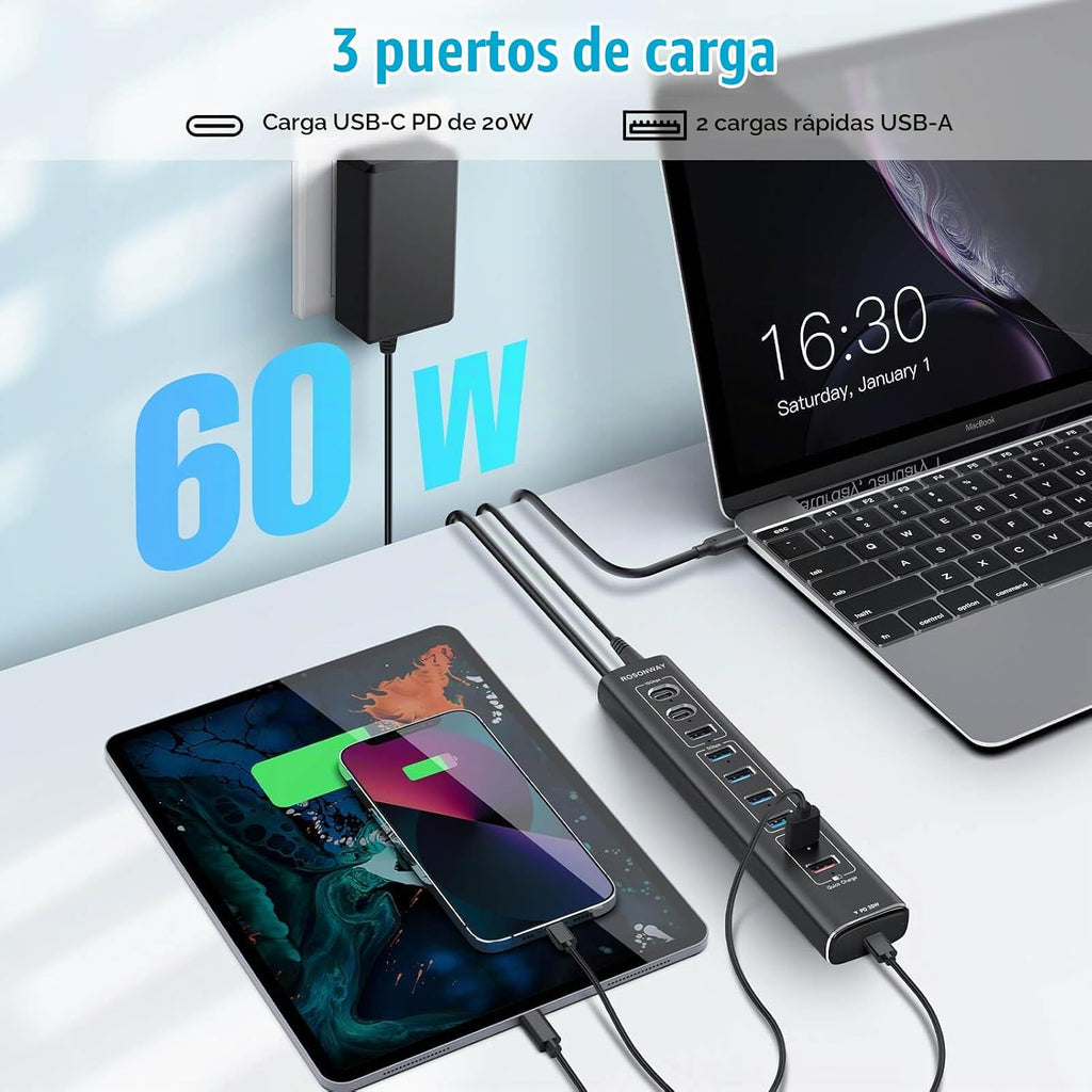 Rosonway, RSH-A10QPD, hub USB 3.2 de 10 puertos