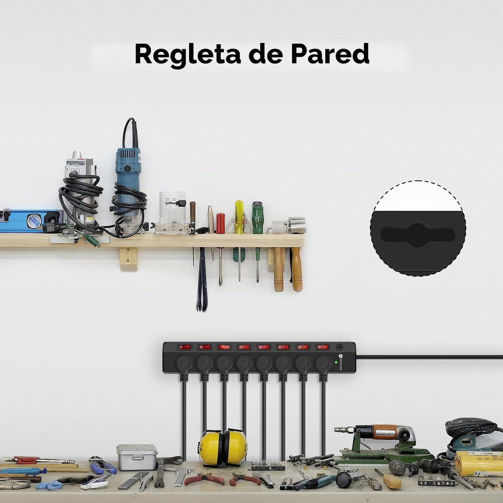 Regleta de alimentación resistente de 8 salidas con 8 interruptores
