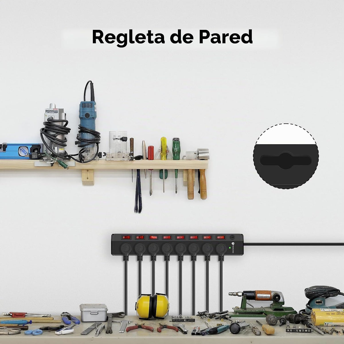 Regleta de alimentación resistente de 8 salidas con 8 interruptores