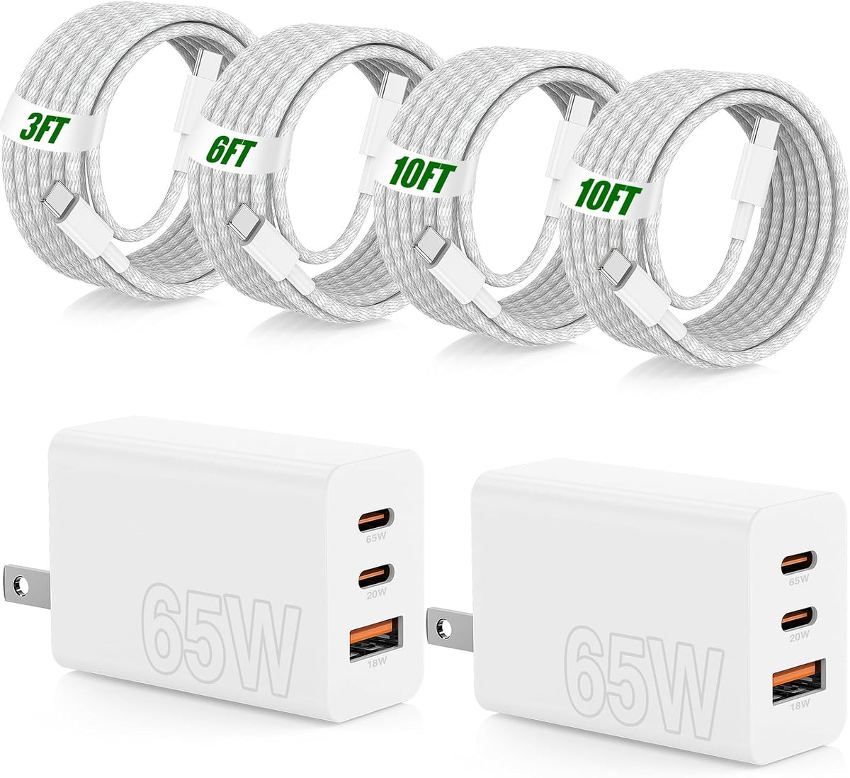 Carga rápida de 65 W para iPhone Duo 18 17 16 Pro Max, bloque de carga USB C de 3 puertos de 100 W y cable trenzado tipo C de 3/6/10/10 pies para iPhone 17 16 15 Pro/MacBook Air/iPhone 18 Pro/para