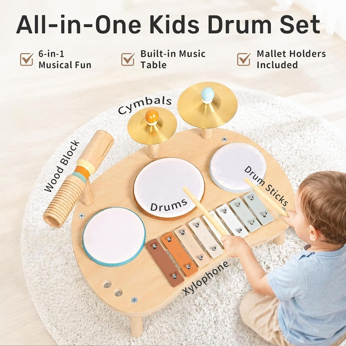 Juego de batería para bebé, instrumentos musicales de madera de