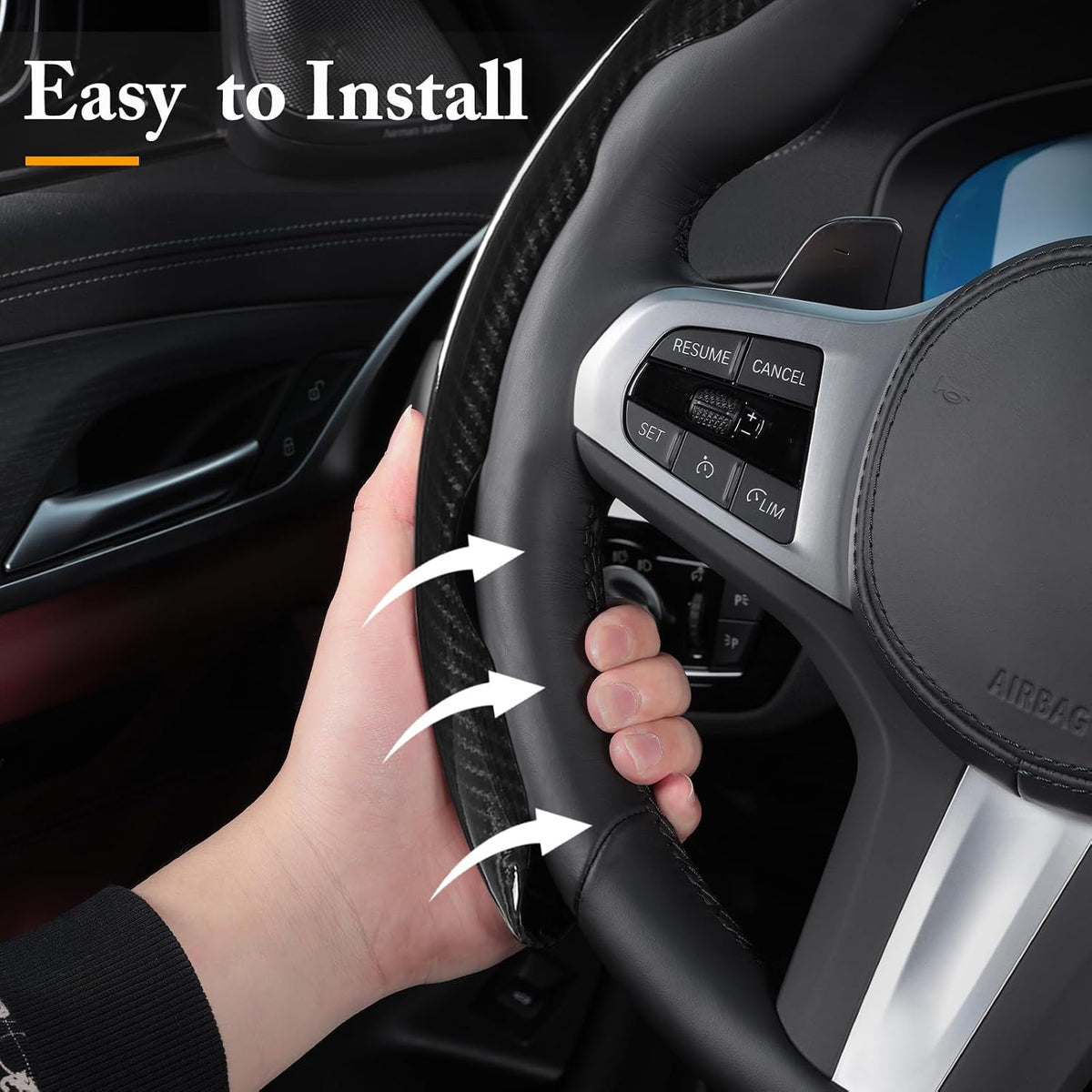Cubierta de volante de fibra de carbono, juego de accesorios de volante de coche con cierre de presión 3 piezas, protector antideslizante con envoltura, universal, negro brillante