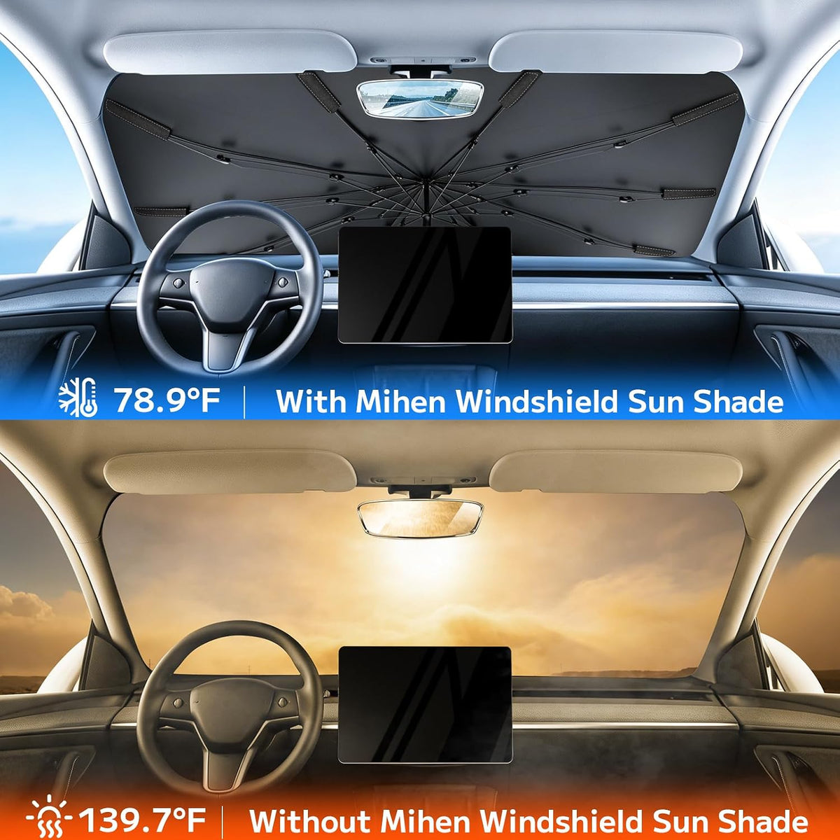 Mihen Parasol para parabrisas para automóvil, tamaño universal [bloquea 100% la luz solar y la sensación de enfriamiento del hielo] Parasol plegable para ventana delantera de automóvil, aislamiento