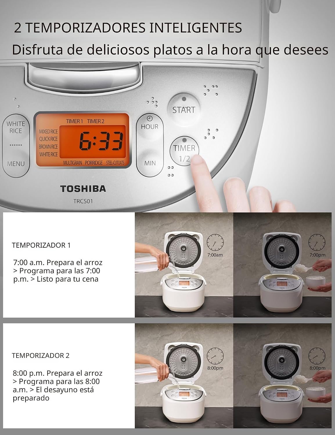 Toshiba Arrocera de 6 tazas sin cocer – Olla de arroz japonesa con tecnología Fuzzy Logic, 7 funciones de cocción, pantalla digital, 2 temporizadores de retardo y mantenimiento automático del calor
