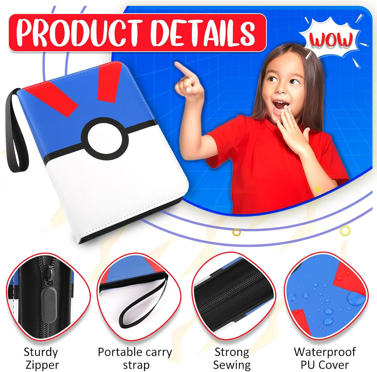 Carpeta para tarjetas de 4 bolsillos, porta tarjetas coleccionables que cabe 400 tarjetas con 50 fundas extraíbles, álbum portátil para colección de cartas, estuche para cartas de juego con cremallera