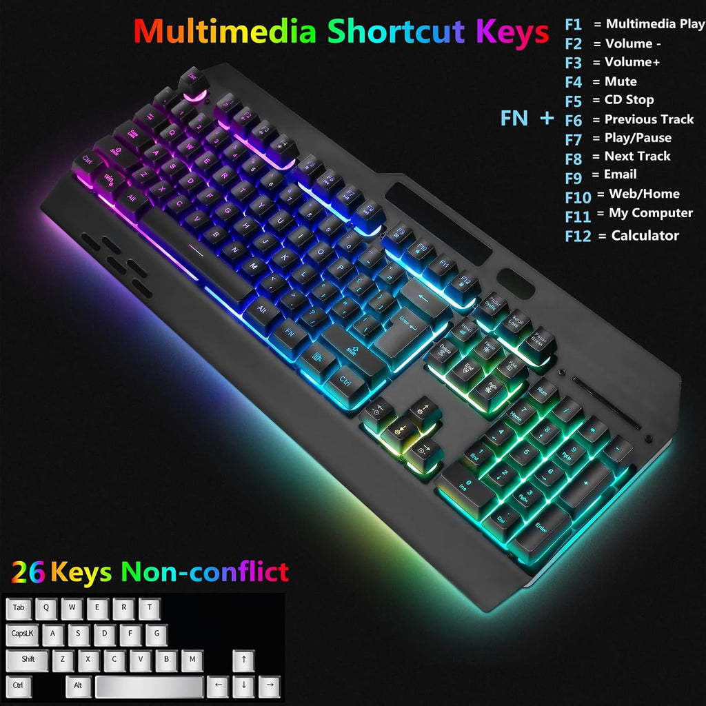 Teclado y mouse inalámbricos RGB para juegos, retroiluminación recargable, batería de larga duración, sensación mecánica de panel de metal con reposamanos, mouse para juegos de 7 colores y alfombrilla