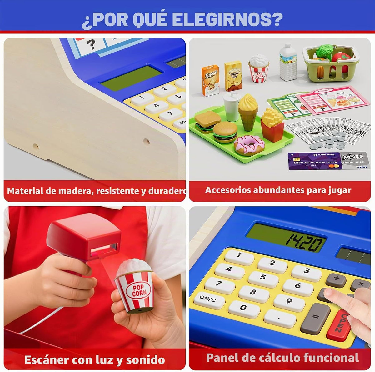 Caja registradora de madera recargable para niños, juguetes educativos para niños en color azul