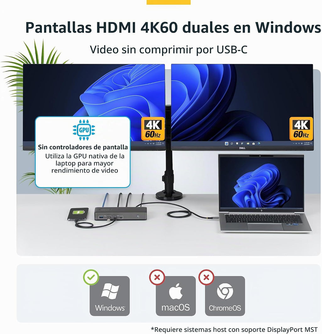 StarTech Driverless USB-C Dual 4K 60Hz HDMI Windows Dock, 6X USB 10Gbps