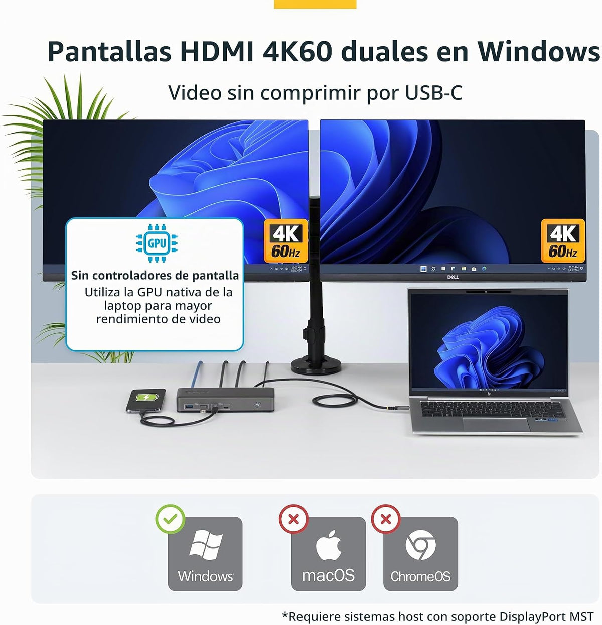 StarTech Driverless USB-C Dual 4K 60Hz HDMI Windows Dock, 6X USB 10Gbps