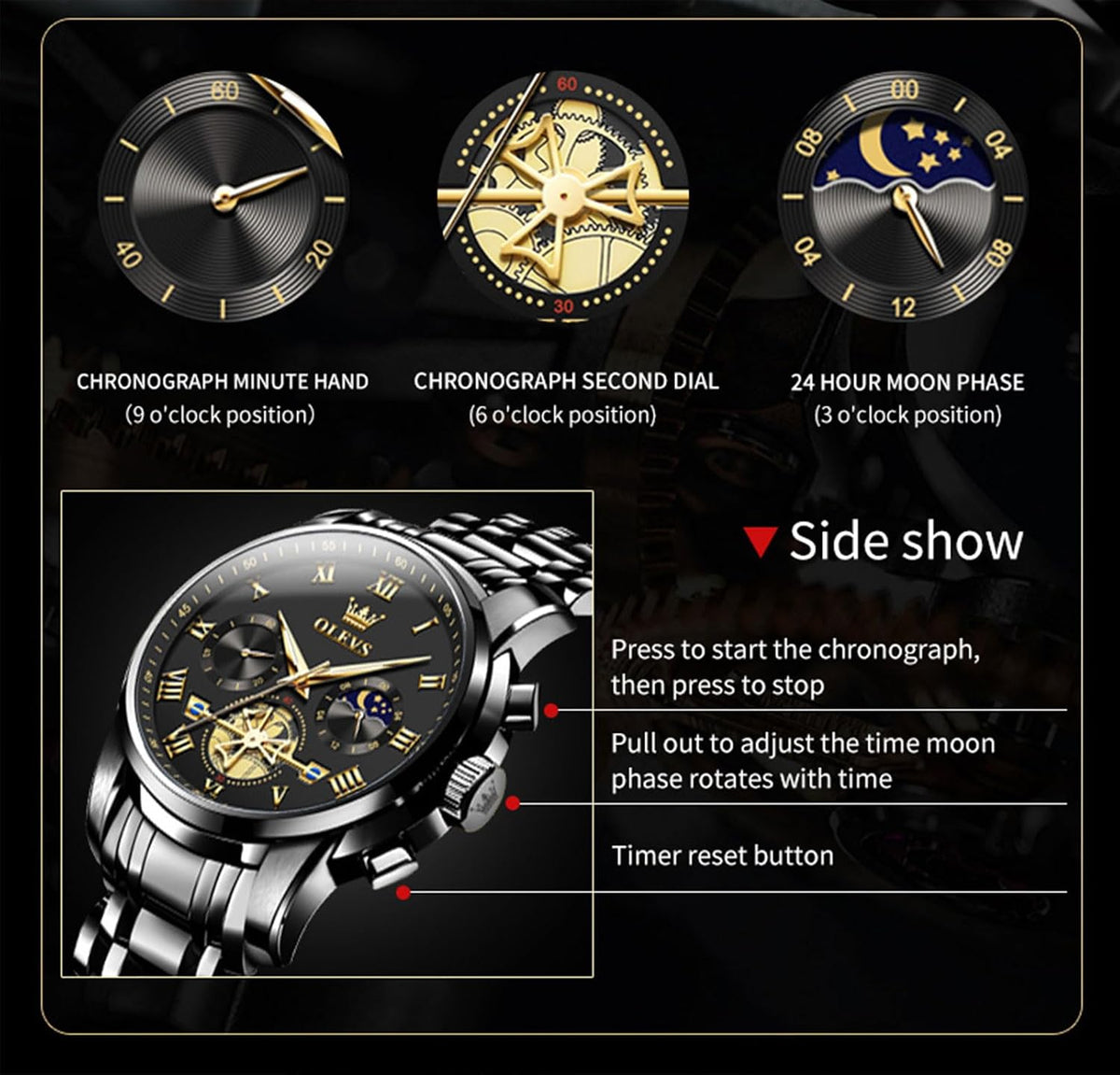 OLEVS Relojes para hombre, resistente al agua, de lujo, gran cara, reloj analógico de cuarzo de acero inoxidable, relojes de vestir analógicos para hombre, luminoso, multifuncional, reloj de hombre
